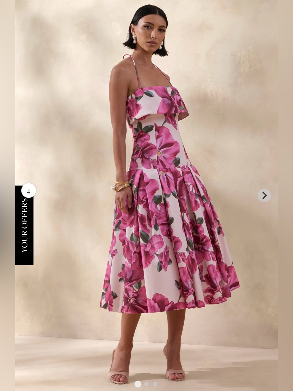 CLUB LLONDON SYLINA Pink Hibiscus Floral Print Square-Neck Midi Dress Drop Waist